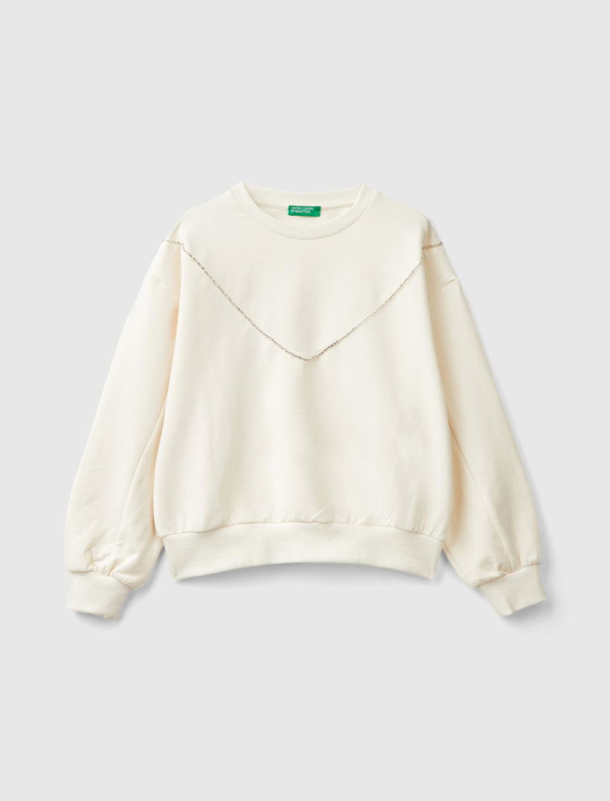 Kız Çocuk Ekru Arkası Logo Baskılı Önü V Dikiş Detaylı Bisiklet Yaka Sweatshirt