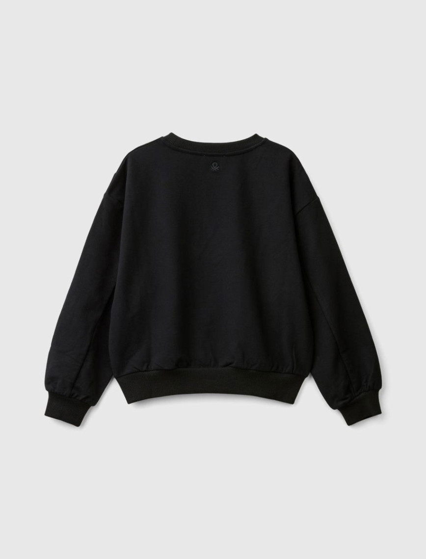 Kız Çocuk Siyah Arkası Logo Baskılı Önü V Dikiş Detaylı Bisiklet Yaka Sweatshirt