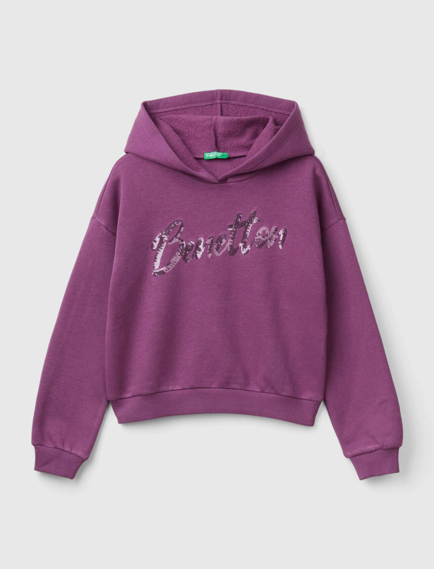 Kız Çocuk Su Yeşili Pamuk Karışımlı Payet Logolu Kapşonlu Sweatshirt