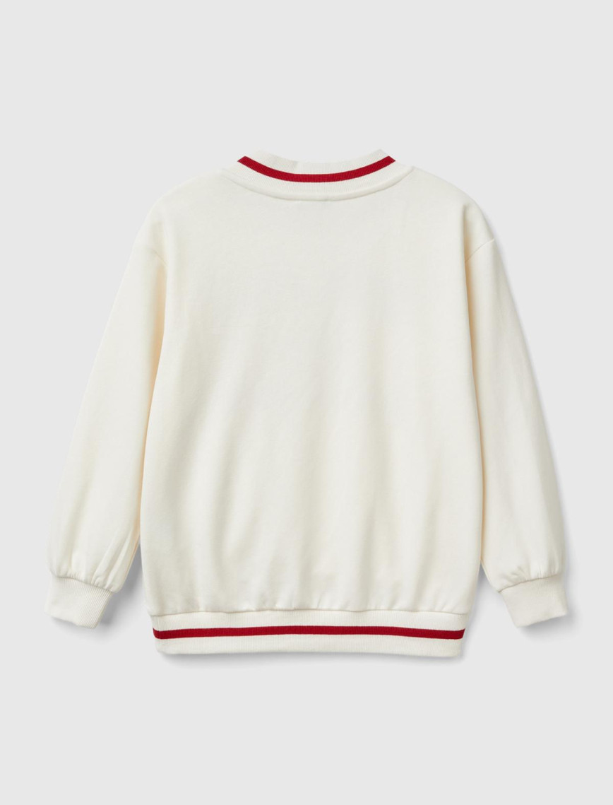 Kız Çocuk Ekru Kontrast Renk Detaylı Manşeti Ribanalı V Yaka Sweatshirt Kız Çocuk Ekru Kontrast Renk Detaylı Manşeti Ribanalı V Yaka Sweatshirt