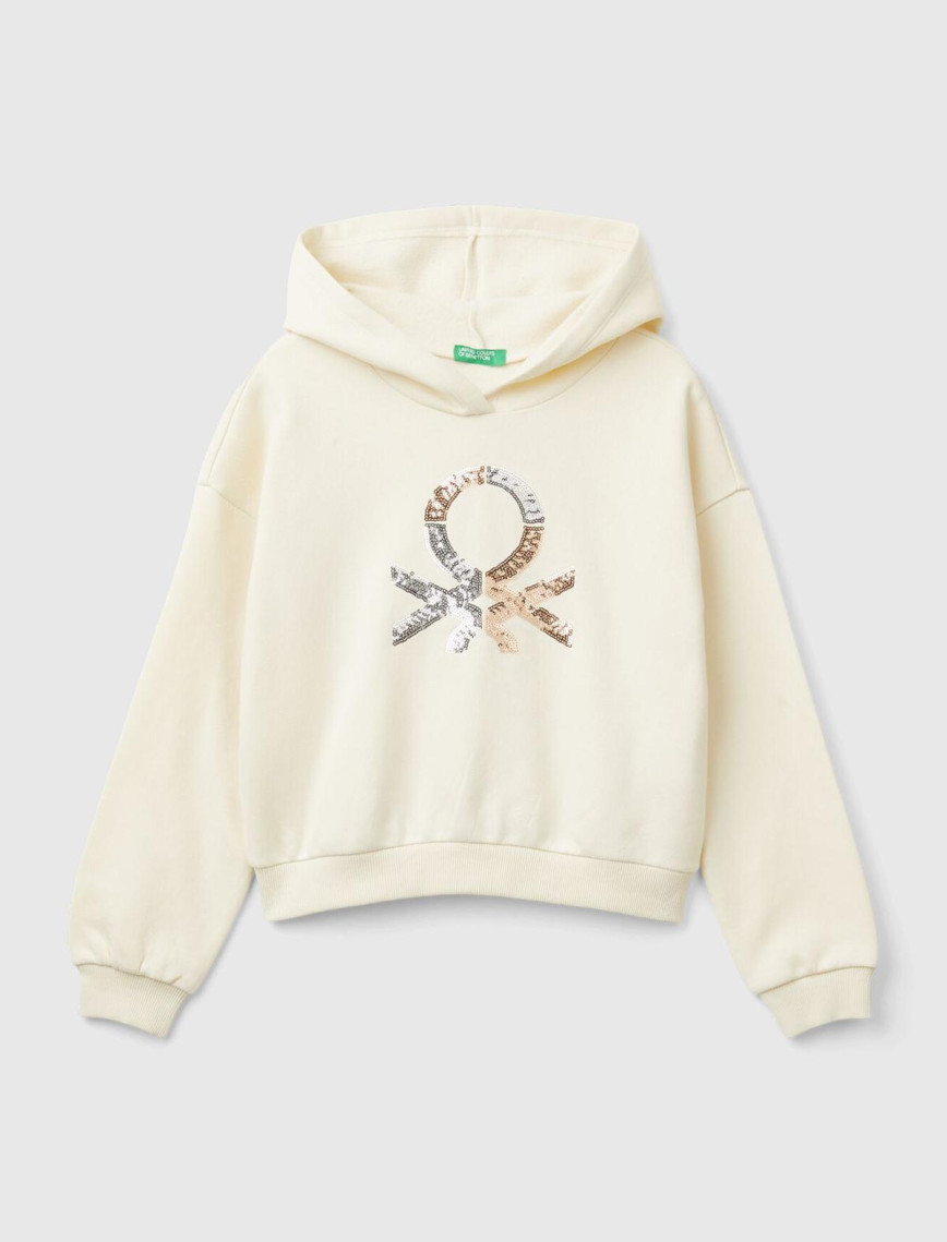 Kız Çocuk Su Yeşili Pamuk Karışımlı Payet Logolu Kapşonlu Sweatshirt