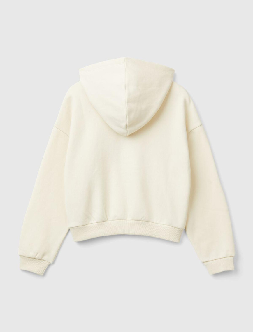 Kız Çocuk Ekru Pamuk Karışımlı Payet Logolu Kapşonlu Sweatshirt