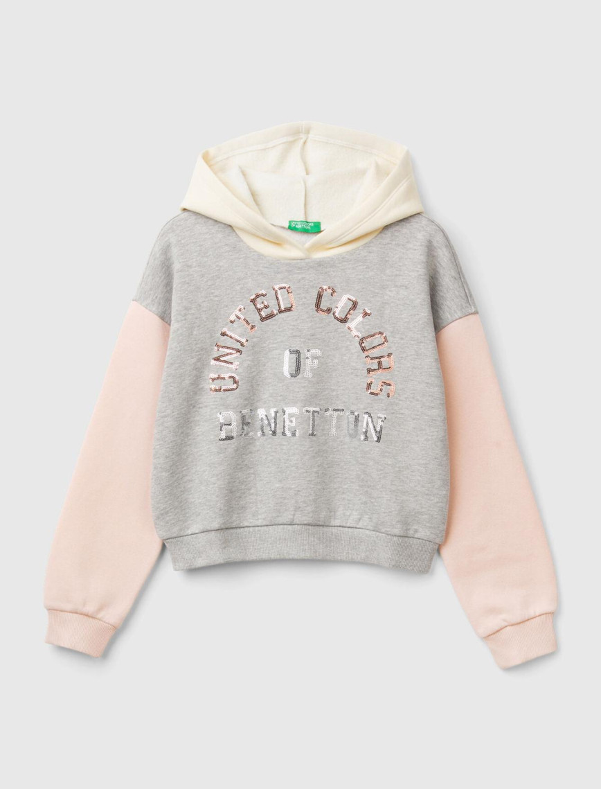 Kız Çocuk Su Yeşili Pamuk Karışımlı Payet Logolu Kapşonlu Sweatshirt