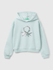 Kız Çocuk Su Yeşili Pamuk Karışımlı Payet Logolu Kapşonlu Sweatshirt