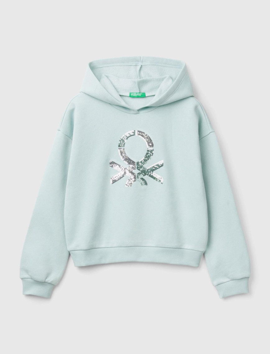 Kız Çocuk Su Yeşili Pamuk Karışımlı Payet Logolu Kapşonlu Sweatshirt