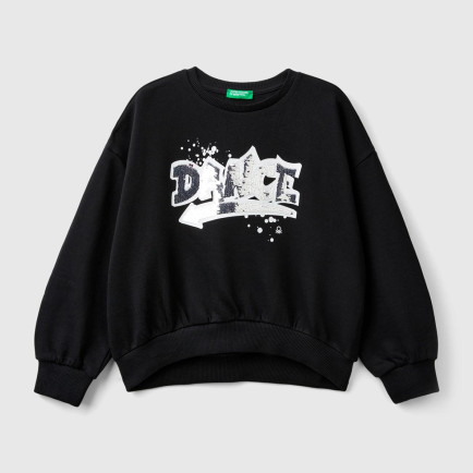 Kız Çocuk Siyah Önü Pullu Baskı Detaylı Bisiklet Yaka Sweatshirt