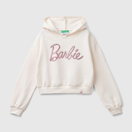 Kız Çocuk Ekru Etek Ucu Logolu Barbie Baskılı Kapüşonlu Kısa Sweatshirt