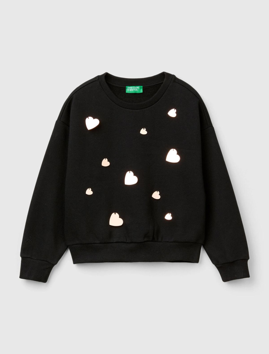 Kız Çocuk Ekru Önü Kalpli Payetli Düşük Omuz Bisiklet Yaka Sweatshirt