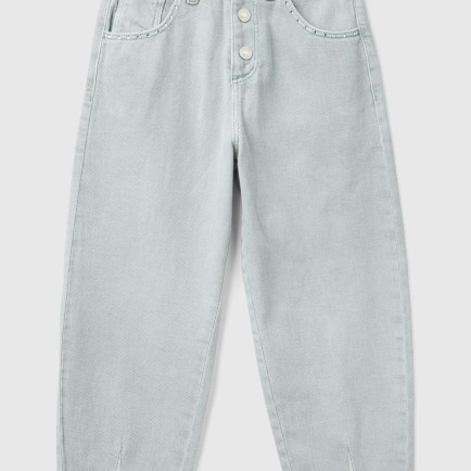 Kız Çocuk Denim 5 Cepli Düğme Kapamalı Paça Detaylı Pantolon