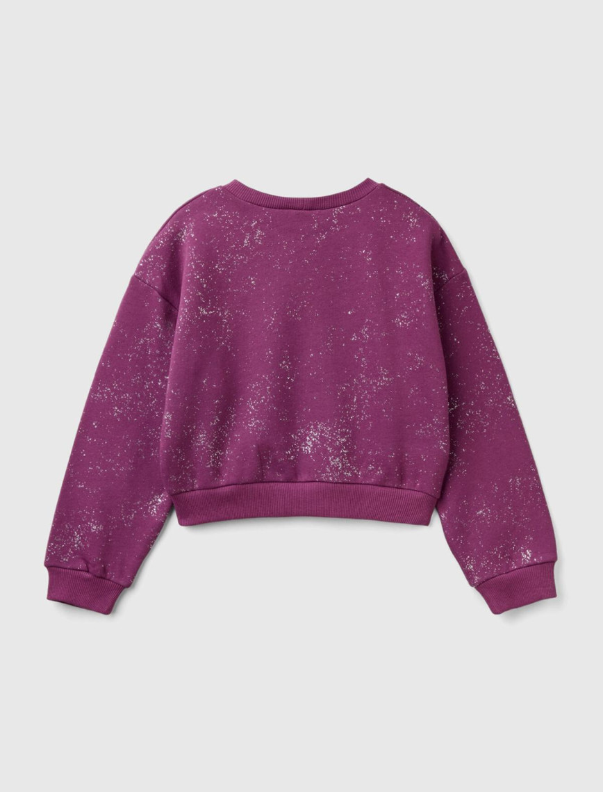 Kız Çocuk Mor Tamamı Yıldız Tozu Baskılı Düşük Omuz Oversize Sweatshirt