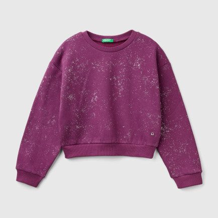 Kız Çocuk Mor Tamamı Yıldız Tozu Baskılı Düşük Omuz Oversize Sweatshirt