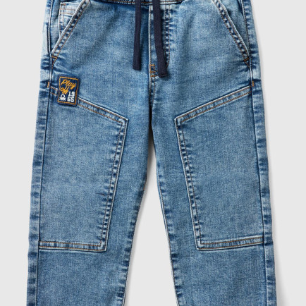 Erkek Çocuk Denim Beli Lastikli Büzgü İpli Kıvrık Paça Denim Pantolon
