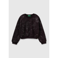 Kız Çocuk Siyah Tamamı Yıldız Tozu Baskılı Düşük Omuz Oversize Sweatshirt