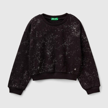 Kız Çocuk Siyah Tamamı Yıldız Tozu Baskılı Düşük Omuz Oversize Sweatshirt