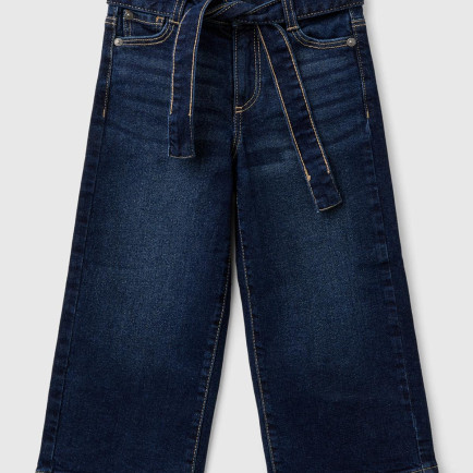 Kız Çocuk Koyu Denim Arka Cebi Logo Detaylı Beli Kuşaklı Geniş Paça Pantolon