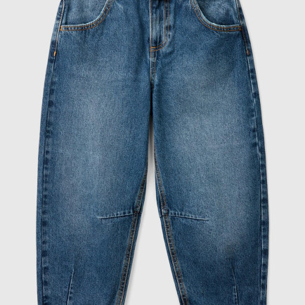 Kız Çocuk Koyu Denim Yıkama Efektli Bol Kesim Denim Pantolon