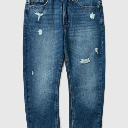 Erkek Çocuk Denim Arka Cebi Logolu Yırtıklı Dört Cepli Denim Pantolon