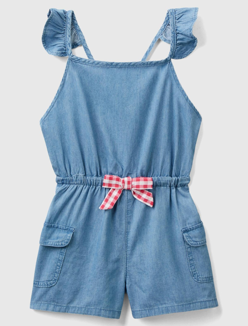 Kız Çocuk Açık Denim Beli Elastik Fırfır Askılı Önü Fiyonklu Salopet Kız Çocuk Açık Denim Beli Elastik Fırfır Askılı Önü Fiyonklu Salopet