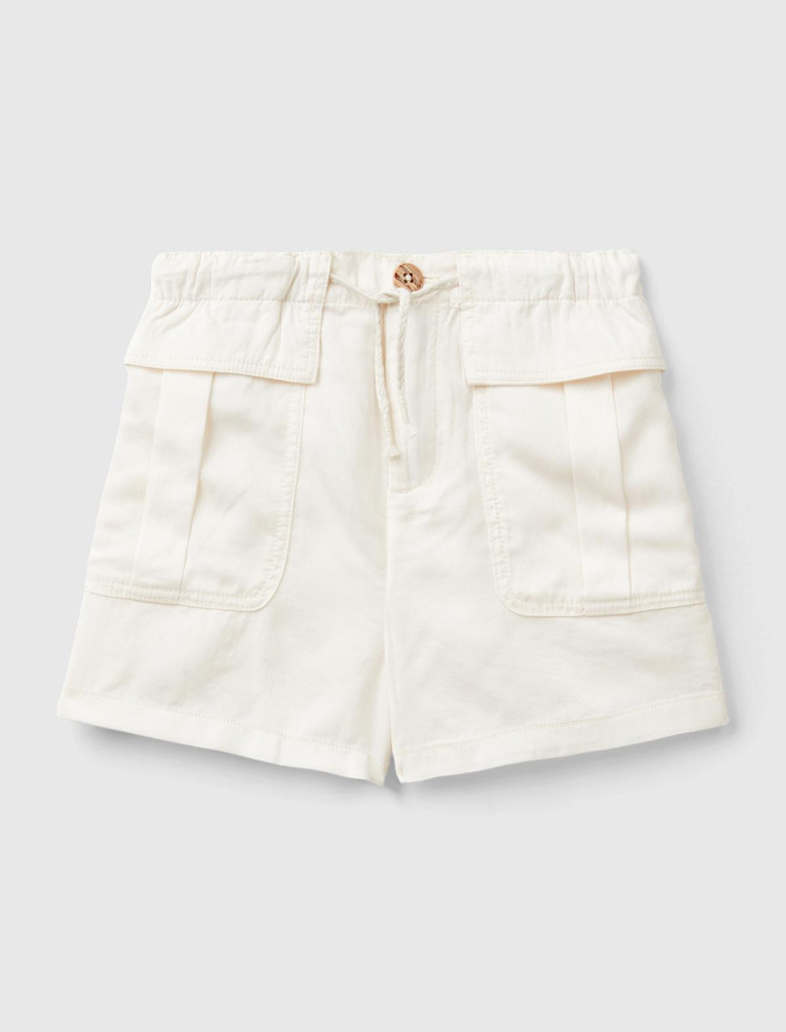 Kız Çocuk Krem Arkası Elastik Bantlı Büzgü İpli Yama Cepli Şort