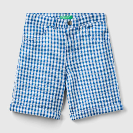 Erkek Çocuk Mavi-Beyaz Tamamı Desenli Arkası Logo İşlemeli Beli İpli Bermuda Şort
