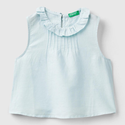 Kız Çocuk Açık Mavi Yakası Fırfırlı Kolsuz Bluz