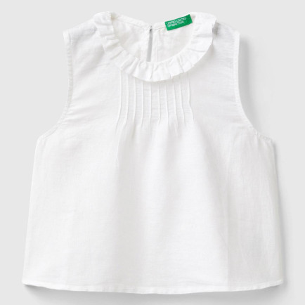 Kız Çocuk Beyaz Yakası Fırfırlı Kolsuz Bluz