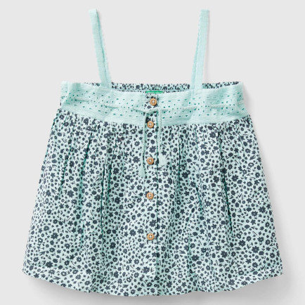 Kız Çocuk Açık Mavi Mix Önü Düğmeli Arkası Elastik Bantlı Desenli Bluz