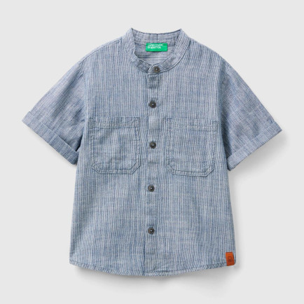 Erkek Çocuk Mavi-Beyaz Önü Logo Detaylı Yama Cepli Hakim Yaka Kısa Kollu Gömlek