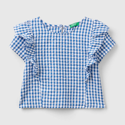 Kız Çocuk Mavi-Beyaz Tamamı Desenli Önü ve Arkası Fırfır Detaylı Düğmeli Bluz