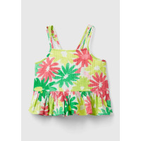 Kız Çocuk Yeşil- Pembe Tamamı Çiçek Baskılı Arkası Çapraz Detaylı Fırfırlı Bluz