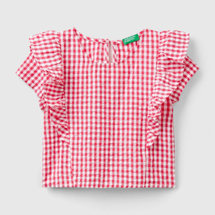 Kız Çocuk Kırmızı Tamamı Desenli Önü ve Arkası Fırfır Detaylı Düğmeli Bluz