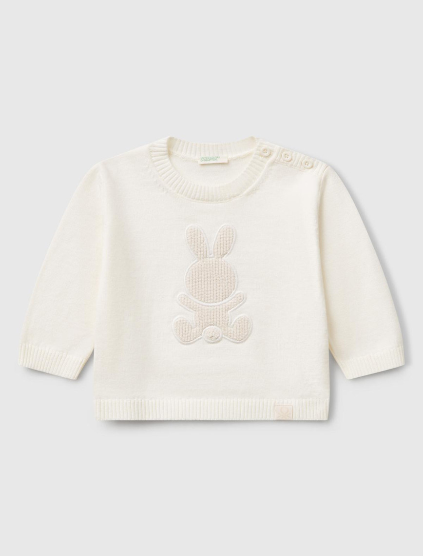 Bebek Beyaz Tavşan İşlemeli Logo Detaylı Bisiklet Yaka Kazak Bebek Beyaz Tavşan İşlemeli Logo Detaylı Bisiklet Yaka Kazak