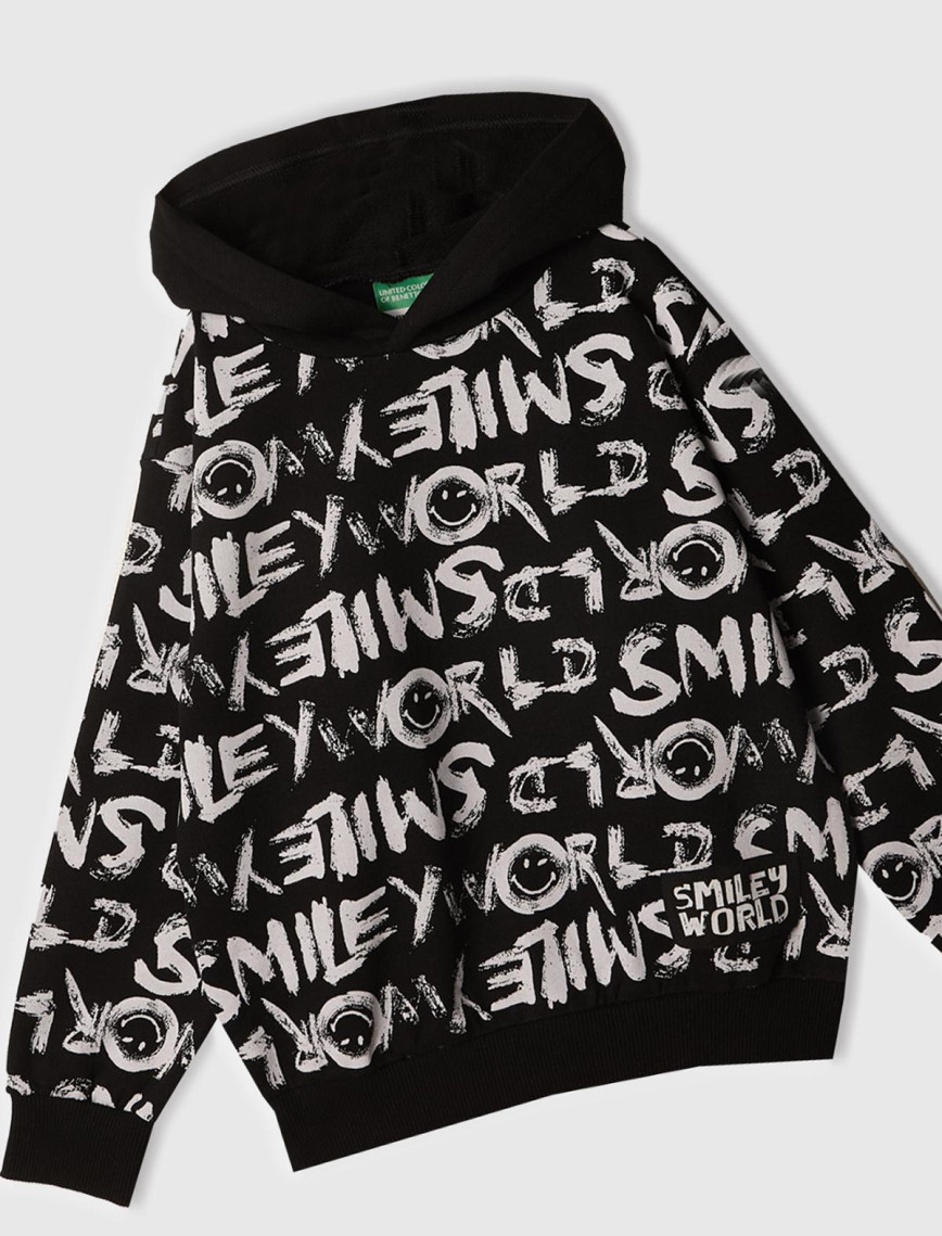 Erkek Çocuk Siyah Tamamı Baskılı Kapüşonlu  Sweatshirt