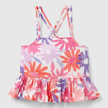 Kız Çocuk Pembe Mix Tamamı Çiçek Baskılı Arkası Çapraz Detaylı Fırfırlı Bluz