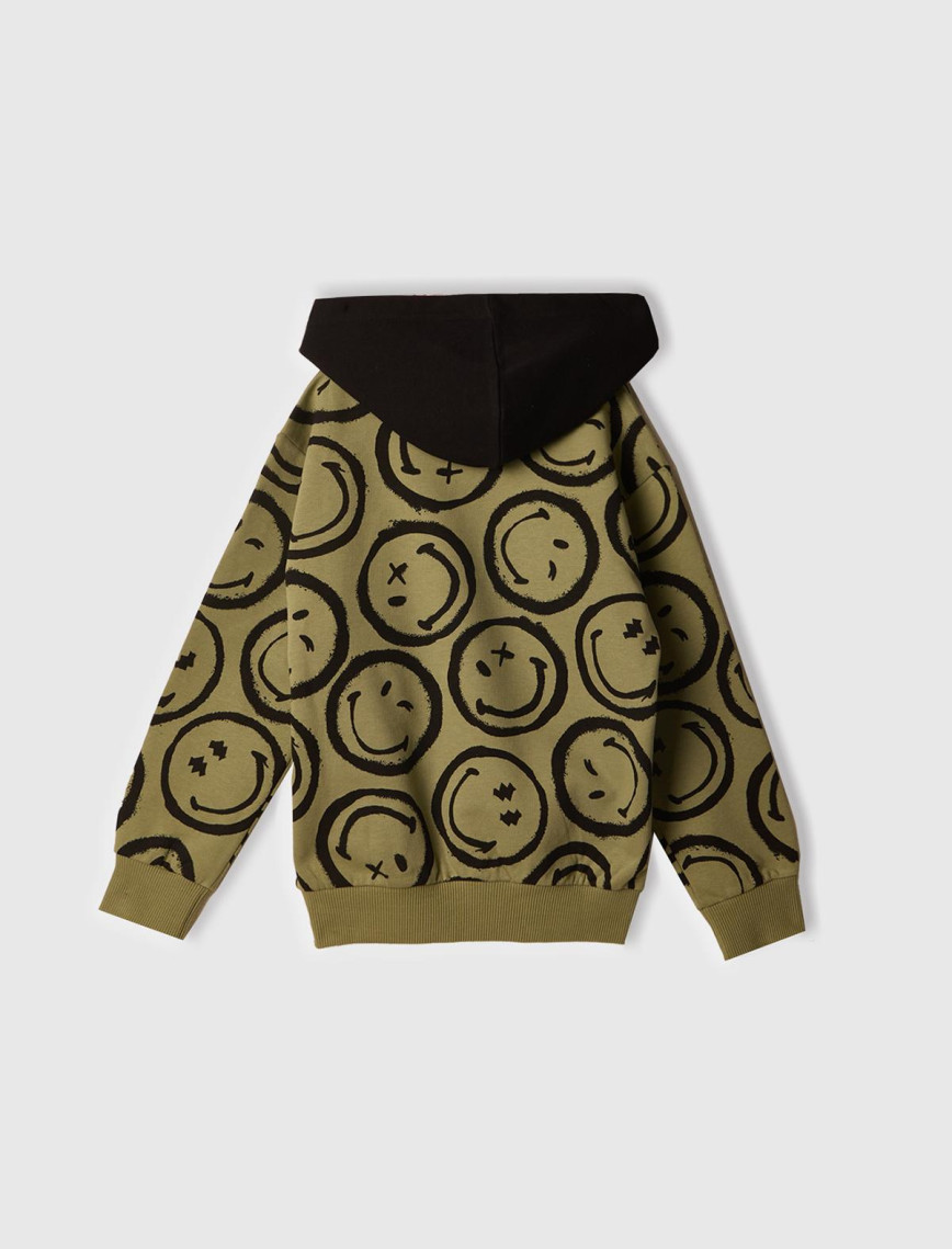 Erkek Çocuk Haki Tamamı Baskılı Kapüşonlu  Sweatshirt