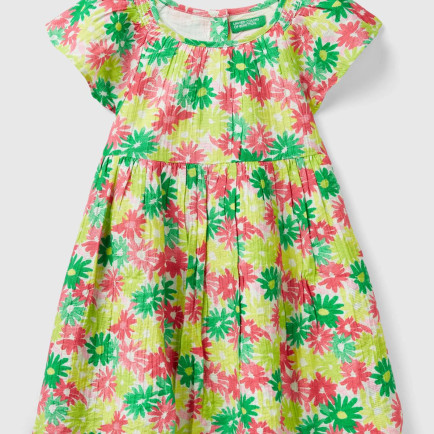 Kız Çocuk Yeşil- Pembe Tamamı Çiçek Baskılı Arkası Düğmeli Kısa Kollu Elbise