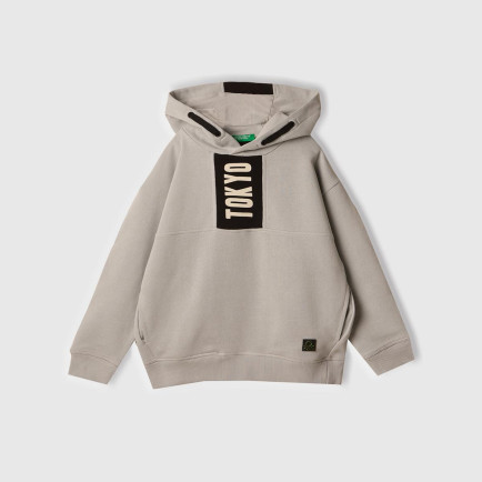 Erkek Çocuk Gri Melanj Baskı Şerit Detaylı Logo Etiketli Kapüşonlu Sweatshirt