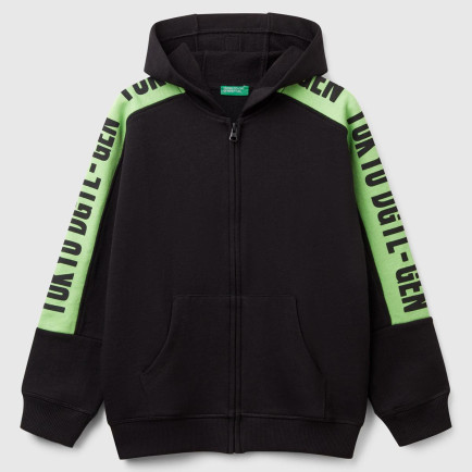 Erkek Çocuk Siyah Kolları Baskı Şerit Detaylı Fermuarlı Kapüşonlu Sweatshirt