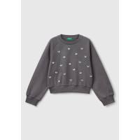 Kız Çocuk Antrasit Önü Taş Detaylı Ribanalı Bisiklet Yaka Sweatshirt