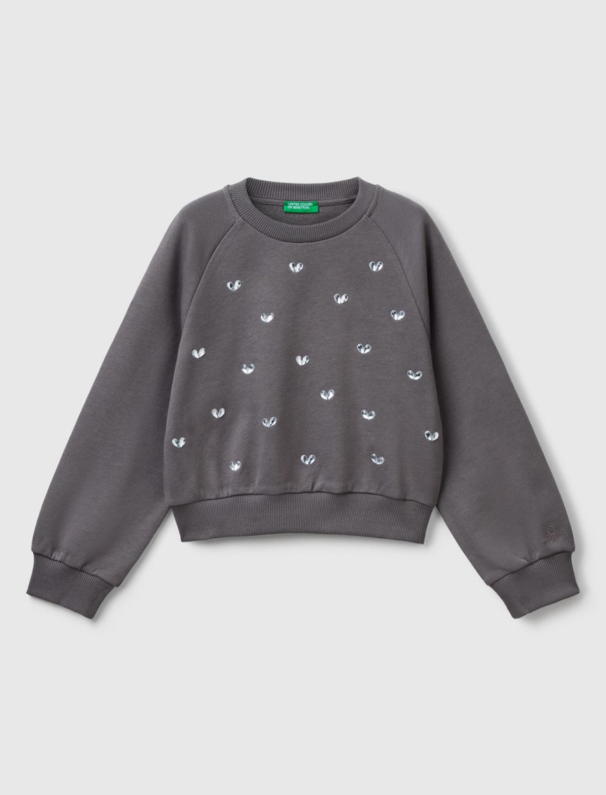 Kız Çocuk Antrasit Önü Taş Detaylı Ribanalı Bisiklet Yaka Sweatshirt Kız Çocuk Antrasit Önü Taş Detaylı Ribanalı Bisiklet Yaka Sweatshirt