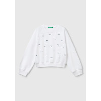 Kız Çocuk Beyaz Önü Taş Detaylı Ribanalı Bisiklet Yaka Sweatshirt Kız Çocuk Beyaz Önü Taş Detaylı Ribanalı Bisiklet Yaka Sweatshirt