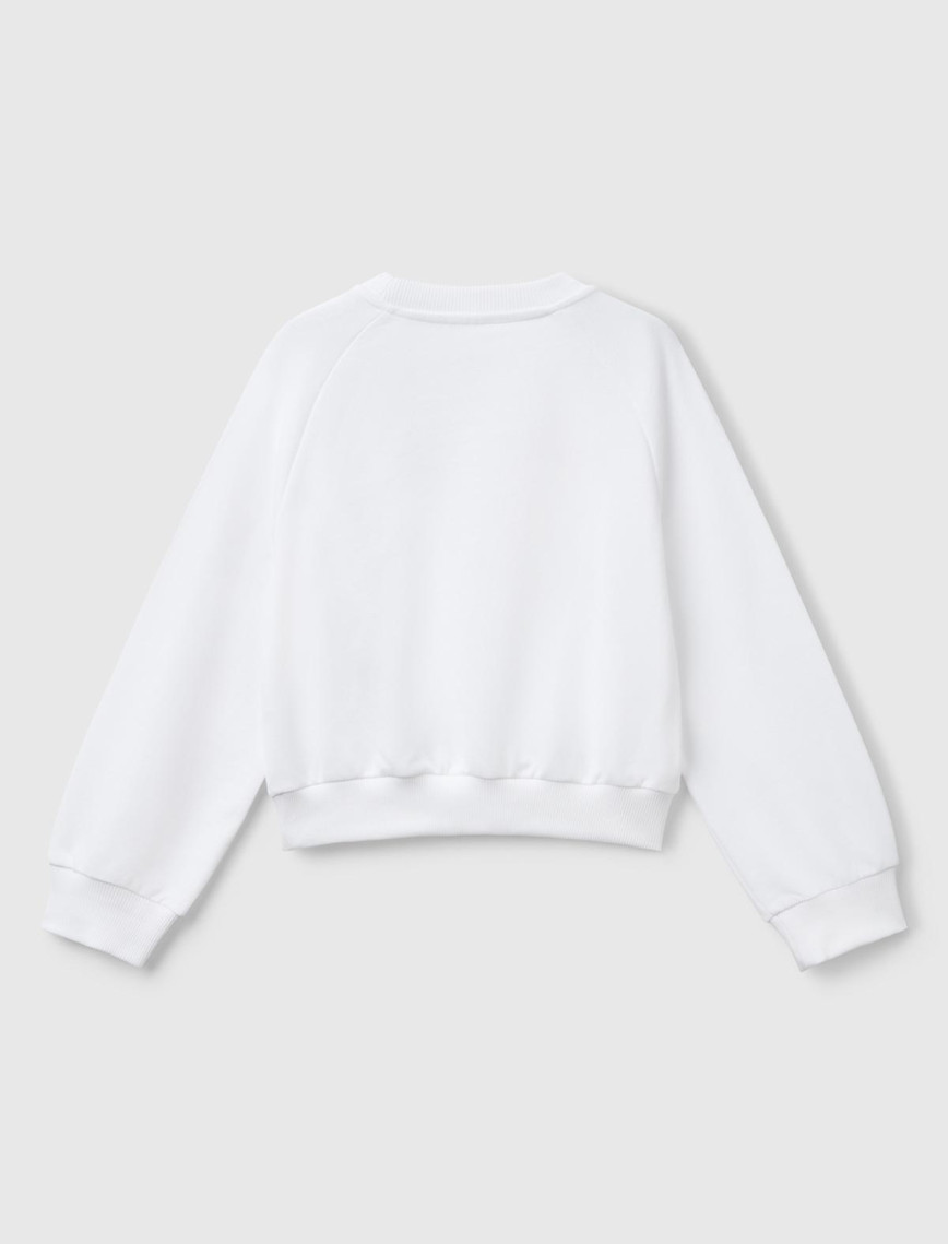 Kız Çocuk Beyaz Önü Taş Detaylı Ribanalı Bisiklet Yaka Sweatshirt