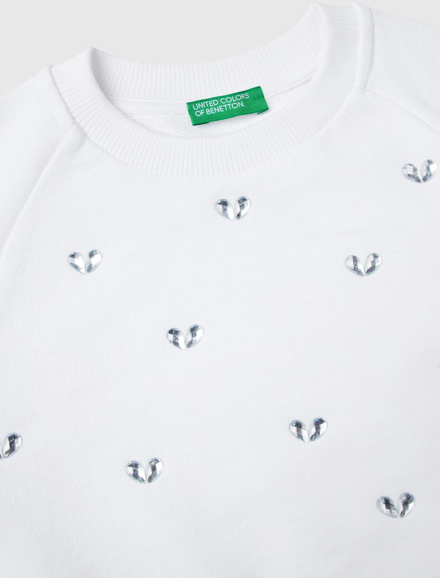 Kız Çocuk Beyaz Önü Taş Detaylı Ribanalı Bisiklet Yaka Sweatshirt