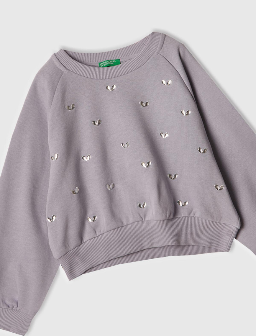 Kız Çocuk Lila Önü Taş Detaylı Ribanalı Bisiklet Yaka Sweatshirt