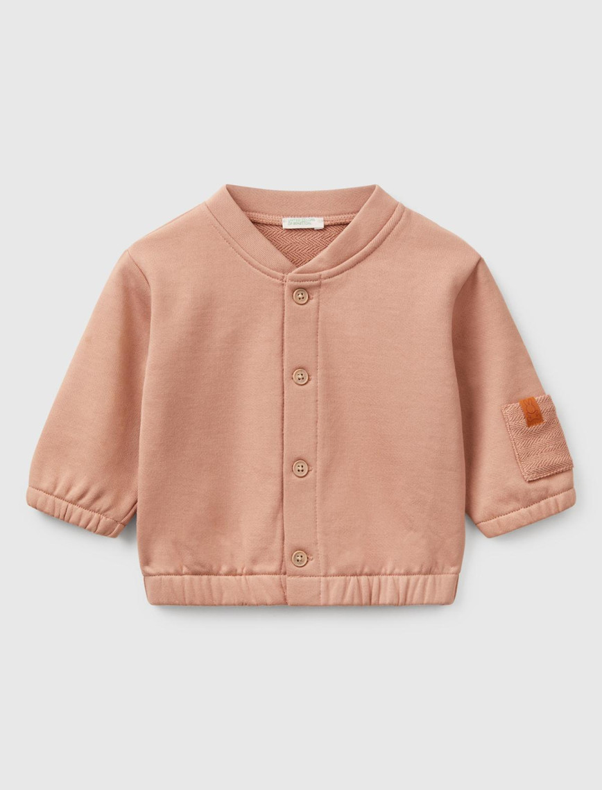 Bebek Koyu Bej Önü Düğmeli Kolu Cepli Bomber Yakalı Sweatshirt