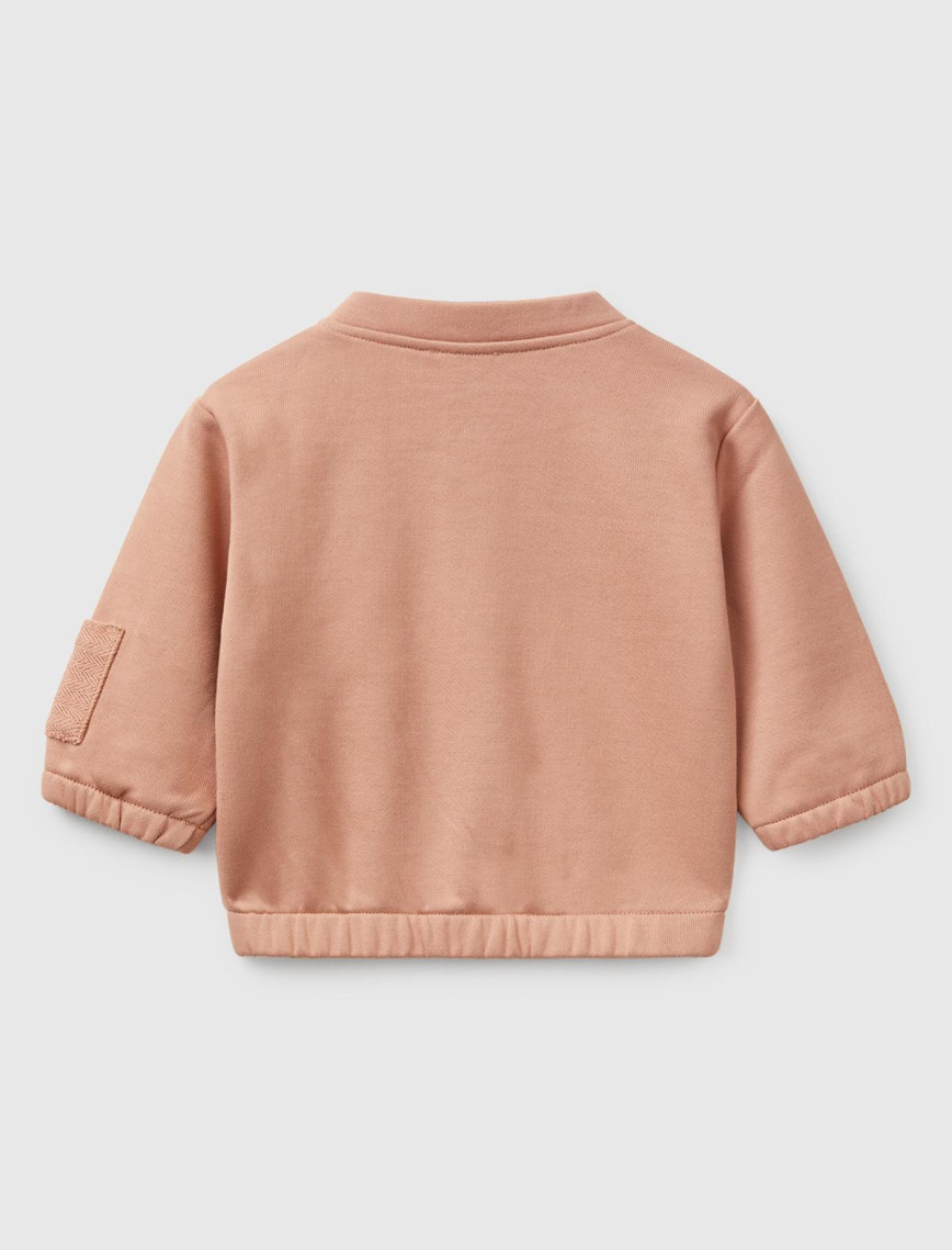 Bebek Koyu Bej Önü Düğmeli Kolu Cepli Bomber Yakalı Sweatshirt