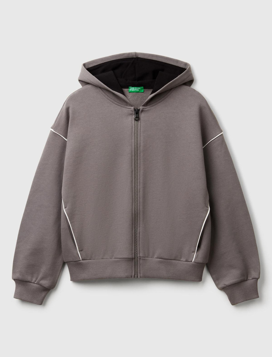 Kız Çocuk Antrasit Kontrastlı Logo Etiketli Kapüşonlu Fermuarlı Oversize Sweatshirt Kız Çocuk Antrasit Kontrastlı Logo Etiketli Kapüşonlu Fermuarlı Oversize Sweatshirt