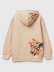 Erkek Çocuk Bej Baskılı Soluk Efektli Kese Cepli Kapüşonlu Sweatshirt