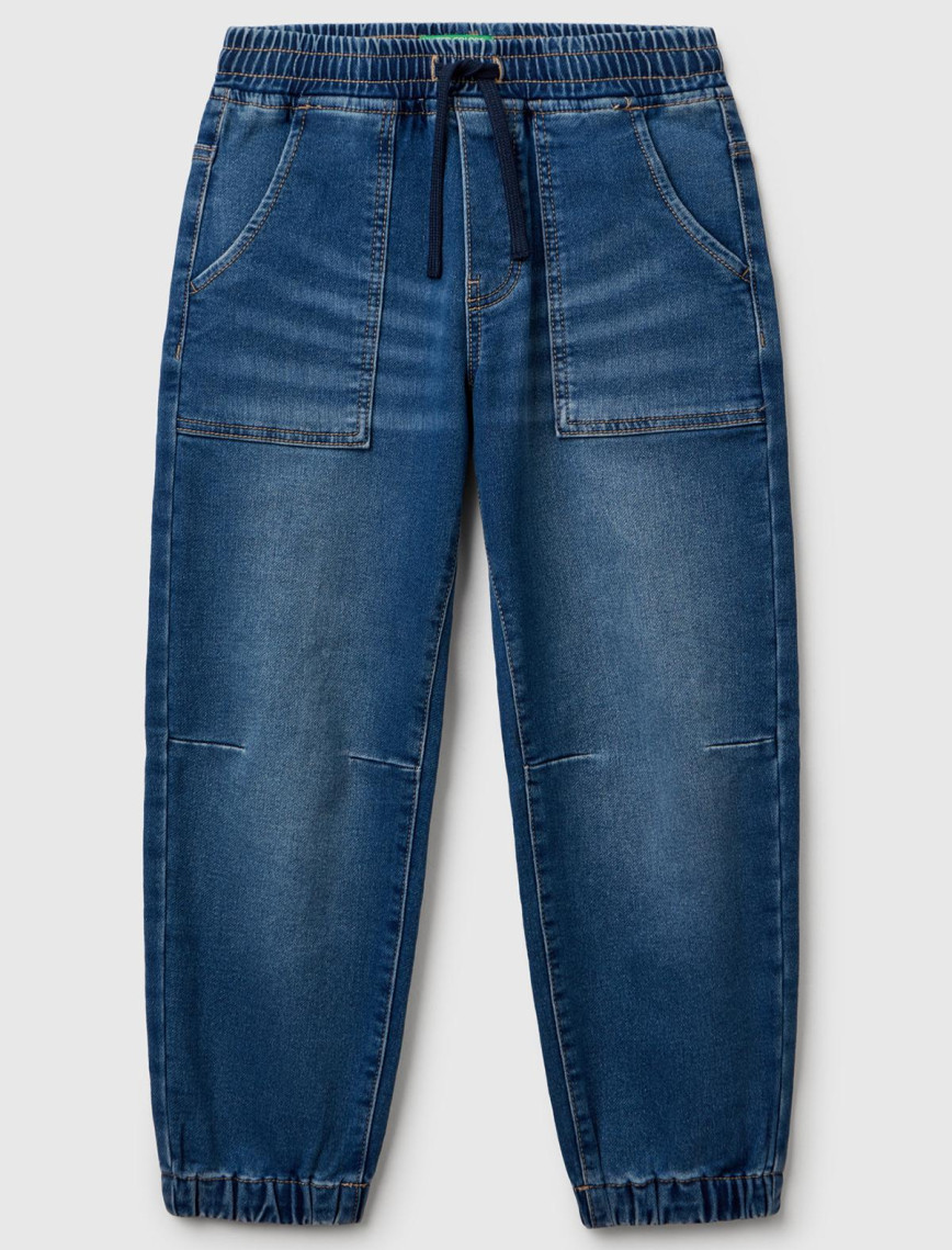 Erkek Çocuk Açık Denim Logo Detaylı Büzgü İpli Denim Jogger Pantolon