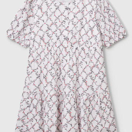 Kız Çocuk Beyaz Mix Viskozlu Desenli Önü Düğmeli Pileli Katlı Kısa Kollu Elbise